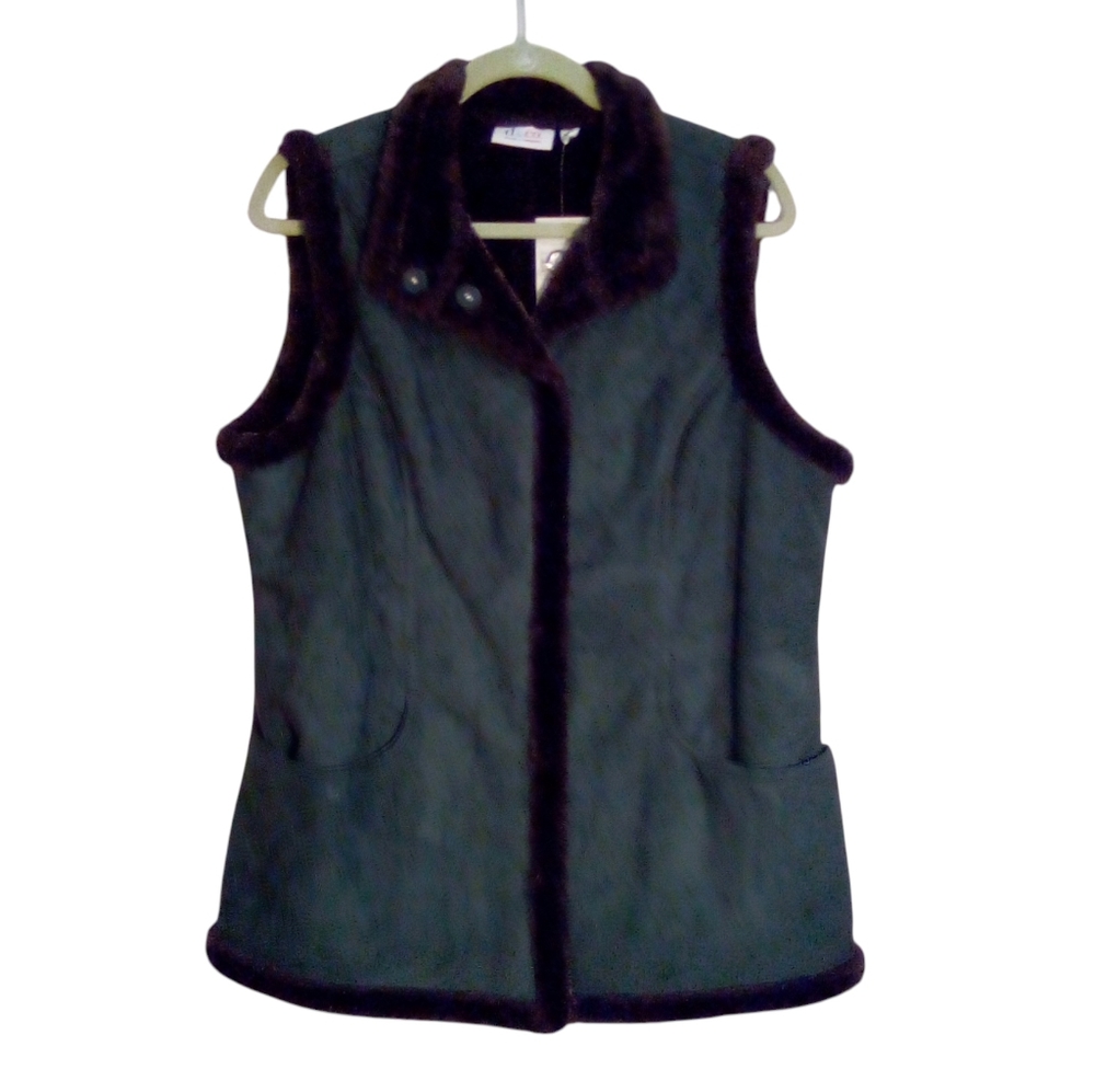 Denim & Co Faux Suede Snap Front Vest With Faux Fur Trim Medium Green Brown NWT